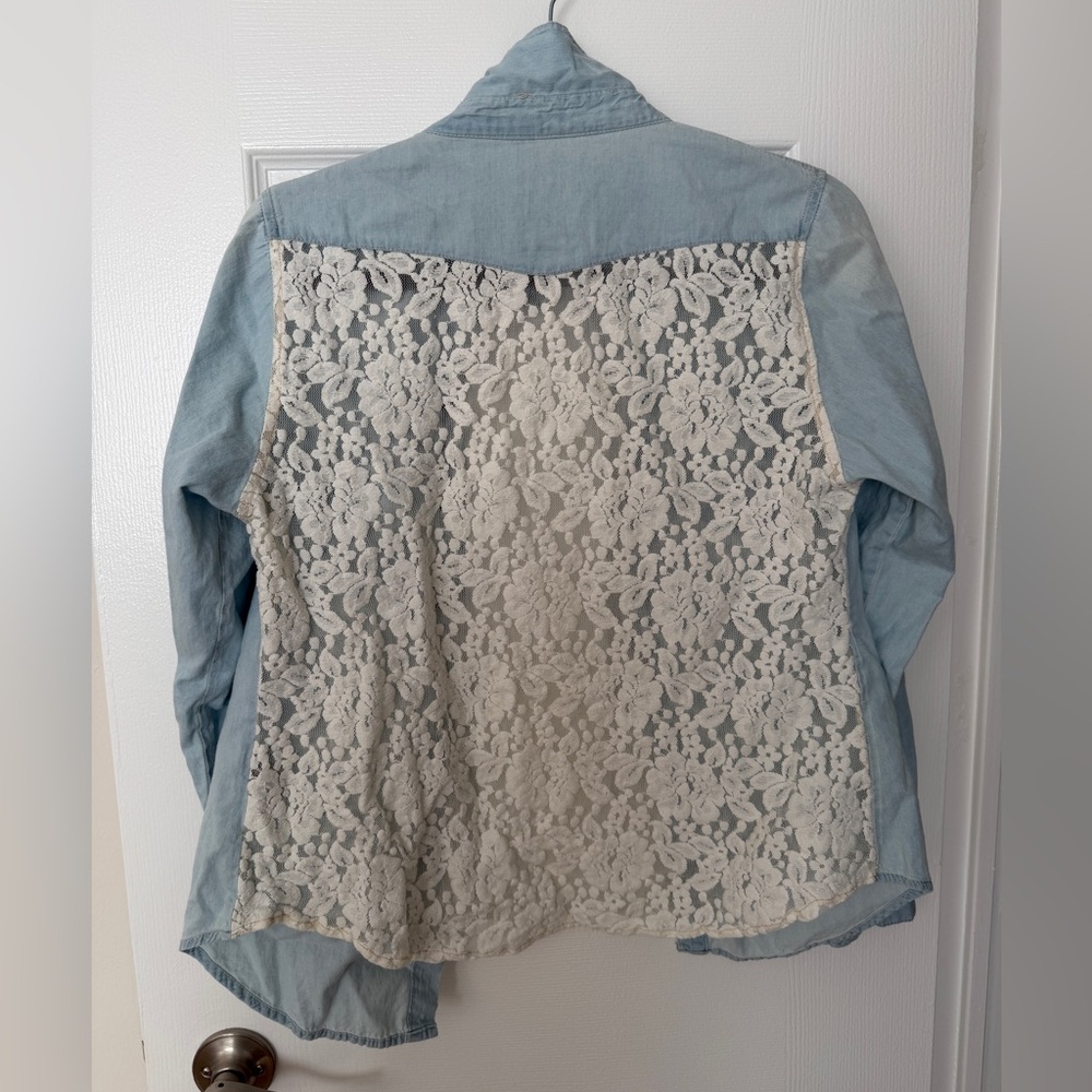 Papaya Light Blue Denim Button-Up with White Lace Back